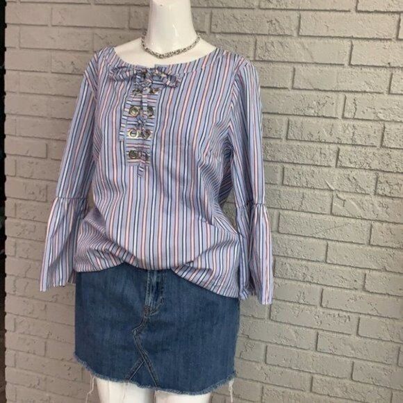 Tommy Hilfiger Women Bell Sleeve Lace-Up Striped Blouse Size L - Picture 5 of 11